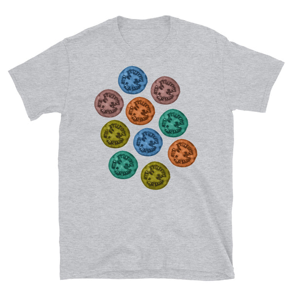 Multicoloured tomato slices in red, blue, purple, yellow and green on this light grey cotton t-shirt by BillingtonPix