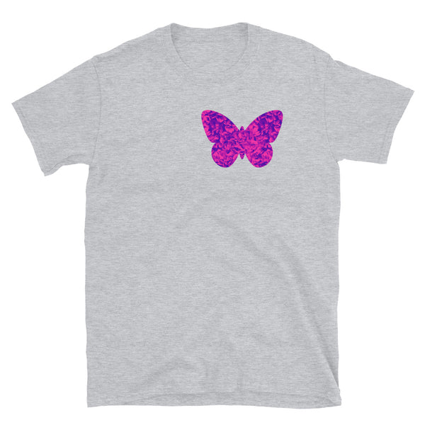 Single pink floral butterfly cut out on the left hand side of this light grey cotton t-shirt