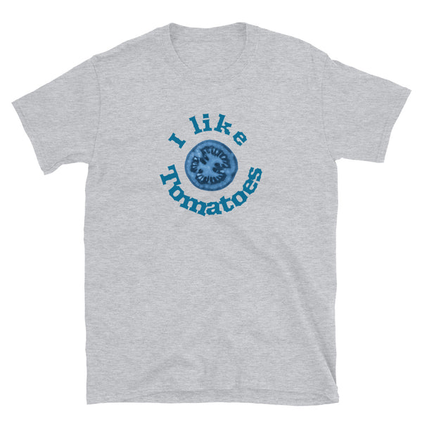 Blue tomato with funny the slogan I like tomatoes on this light grey cotton graphic t-shirt