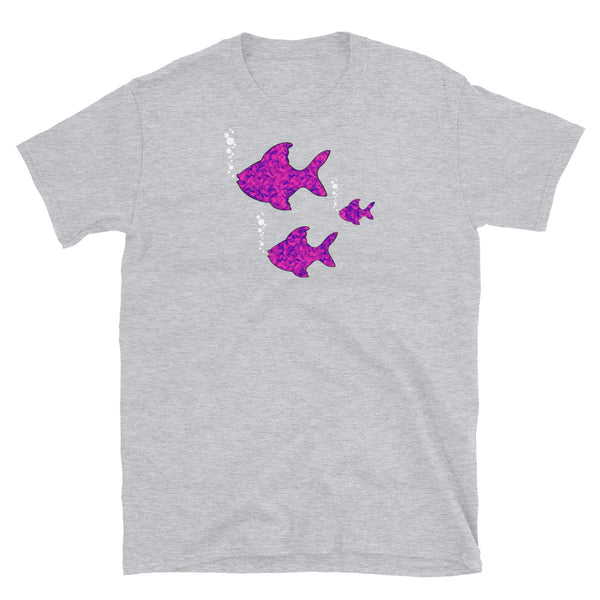 Group of 3 pink patterned fish on this light grey cotton t-shirt by BillingtonPix