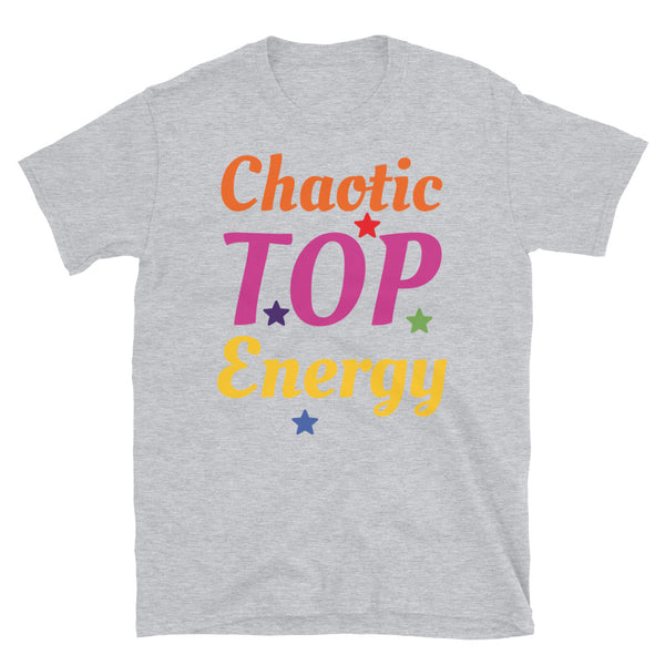 LGBT t-shirt with the slogan meme Chaotic Top Energy and stars all in the colours of the gay rainbow flag on this light grey cotton tee