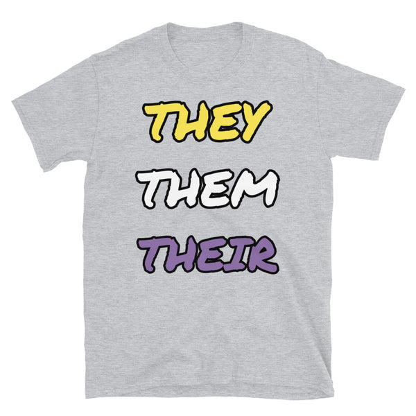 They They Their Non-binary slogan t-shirt in non binary colour scheme on this light grey cotton LGBT t-shirt