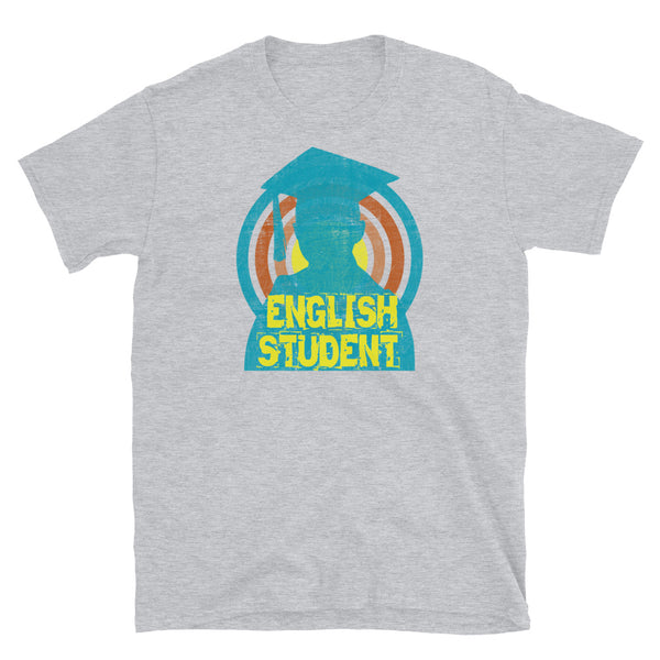 English Student novelty tee with a distressed style turquoise silhouetted student against a concentric circular design and the words English Student in bold yellow font on this light grey cotton fun graphic t-shirt by BillingtonPix
