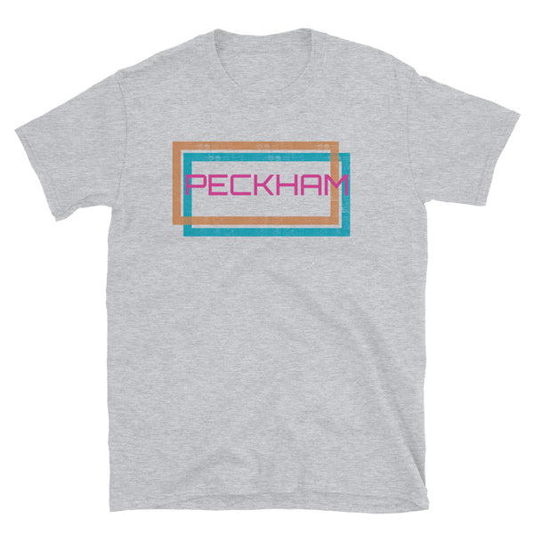 Peckham London neighbourhood in an offset double frame design of a blue and an orange distressed style framing on this light grey cotton t-shirt by BillingtonPix