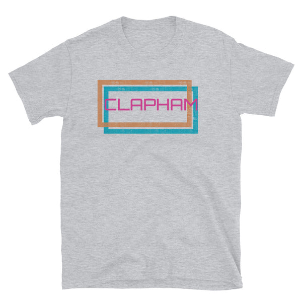 Retro futuristic disco style Clapham London neighbourhood in an offset double frame design of a blue and an orange distressed style framing on this light grey cotton t-shirt by BillingtonPix