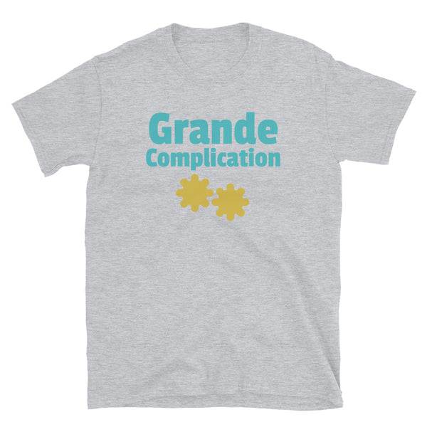 Grande Complication watch geek and watch lovers t-shirt written in bold blue font with orange cog wheels on this light grey cotton t-shirt by BillingtonPix