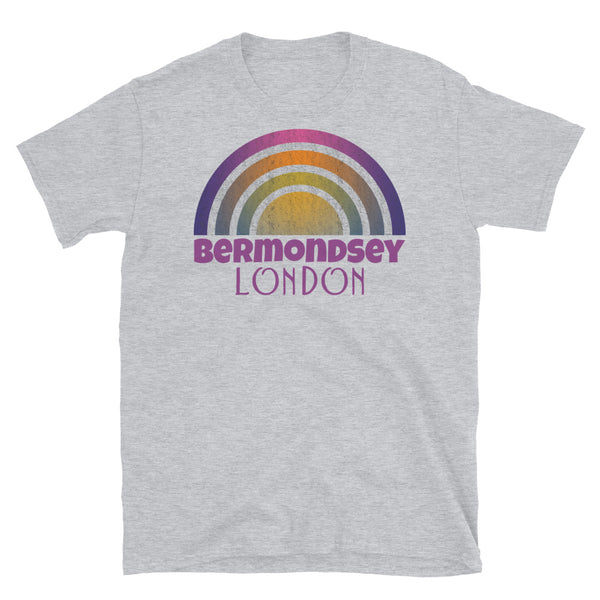 Retrowave 80s style graphic design t shirt depicting the London neighbourhood of Bermondsey on this light grey cotton t-shirt
