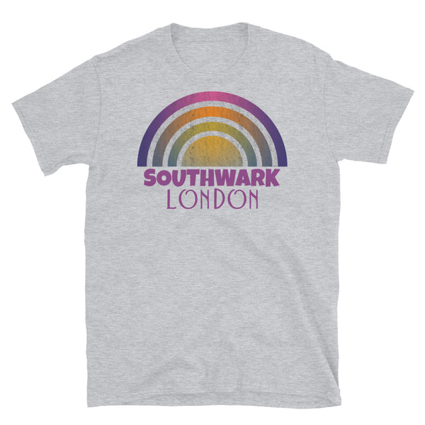 Retrowave 80s style graphic vintage sunset design t shirt depicting the London neighbourhood of Southwark on this light grey cotton t-shirt