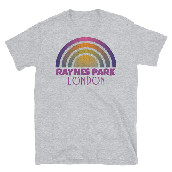 Retrowave 80s style graphic vintage sunset design t shirt depicting the London neighbourhood of Raynes Park on this light grey cotton t-shirt