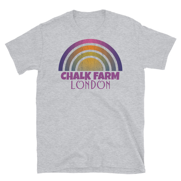 Retrowave 80s style graphic vintage sunset design t shirt depicting the London neighbourhood of Chalk Farm on this light grey cotton t-shirt