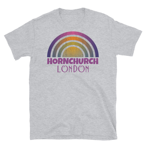 Retrowave 80s style graphic vintage sunset design t shirt depicting the London neighbourhood of Hornchurch on this light grey cotton t-shirt