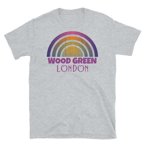Retrowave 80s style graphic vintage sunset design t shirt depicting the London neighbourhood of Wood Green on this light grey cotton t-shirt