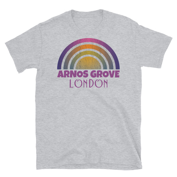 Retrowave 80s style graphic vintage sunset design t shirt depicting the London neighbourhood of Arnos Grove on this light grey cotton t-shirt