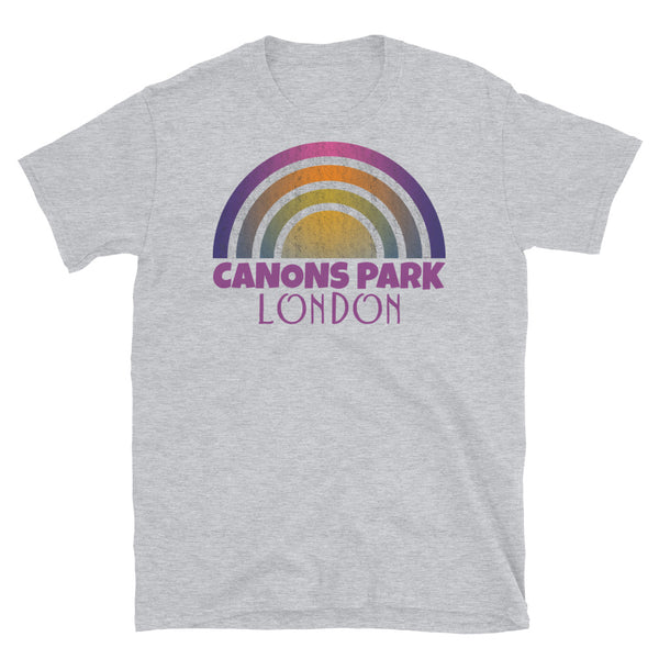 Retrowave 80s style graphic vintage sunset design t shirt depicting the London neighbourhood of Canons Park on this light grey cotton t-shirt