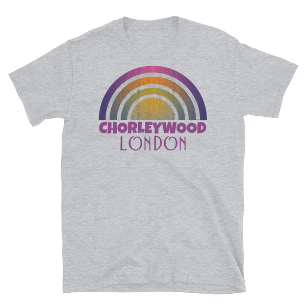 Retrowave 80s style graphic vintage sunset design t shirt depicting the London neighbourhood of Chorleywood on this light grey cotton t-shirt