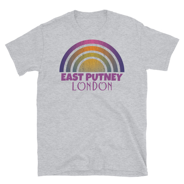 Retrowave and Vaporwave 80s style graphic vintage sunset design t shirt depicting the London neighbourhood of East Putney on this light grey cotton t-shirt