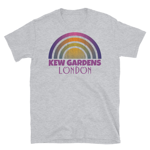 Retrowave and Vaporwave 80s style graphic vintage sunset design tee depicting the London neighbourhood of Kew Gardens on this light grey cotton t-shirt