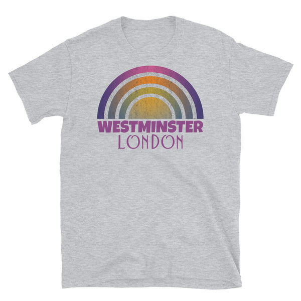 Retrowave and Vaporwave 80s style graphic vintage sunset design tee depicting the London neighbourhood of Westminster on this light grey cotton t-shirt