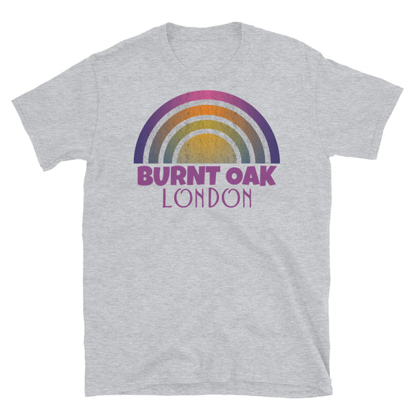 Retrowave and Vaporwave 80s style graphic vintage sunset design tee depicting the London neighbourhood of Burnt Oak on this light grey cotton t-shirt