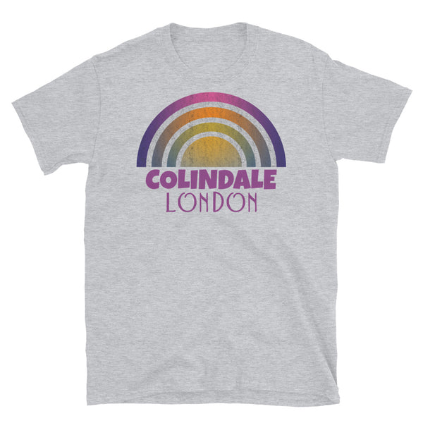 Retrowave and Vaporwave 80s style graphic vintage sunset design tee depicting the London neighbourhood of Colindale on this light grey cotton t-shirt