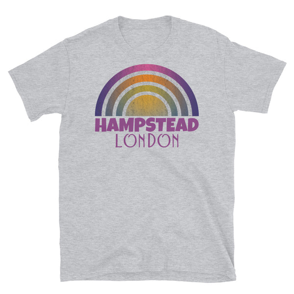 Retrowave and Vaporwave 80s style graphic vintage sunset design tee depicting the London neighbourhood of Hampstead on this light grey cotton t-shirt