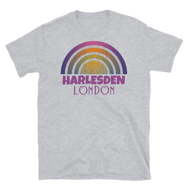 Retrowave and Vaporwave 80s style graphic vintage sunset design tee depicting the London neighbourhood of Harlesden on this light grey cotton t-shirt
