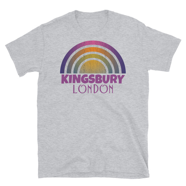 Retrowave and Vaporwave 80s style graphic vintage sunset design tee depicting the London neighbourhood of Kingsbury on this light grey cotton t-shirt