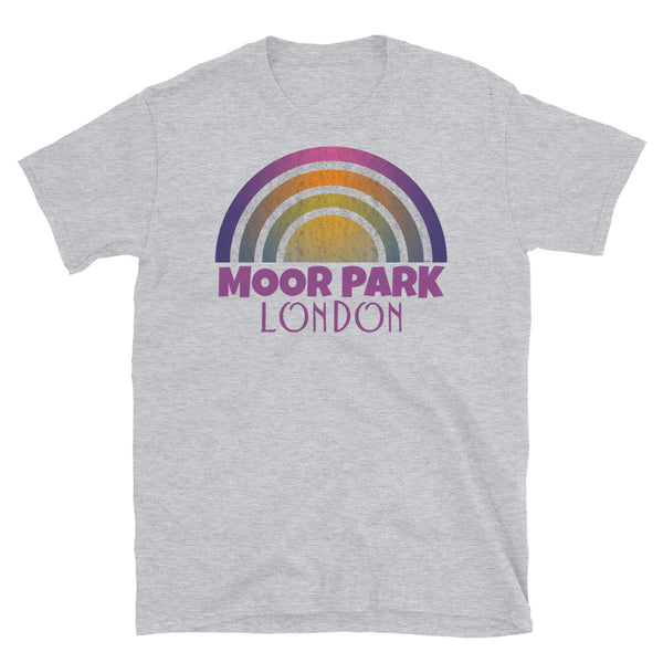 Retrowave and Vaporwave 80s style graphic vintage sunset design tee depicting the London neighbourhood of Moor Park on this light grey cotton t-shirt