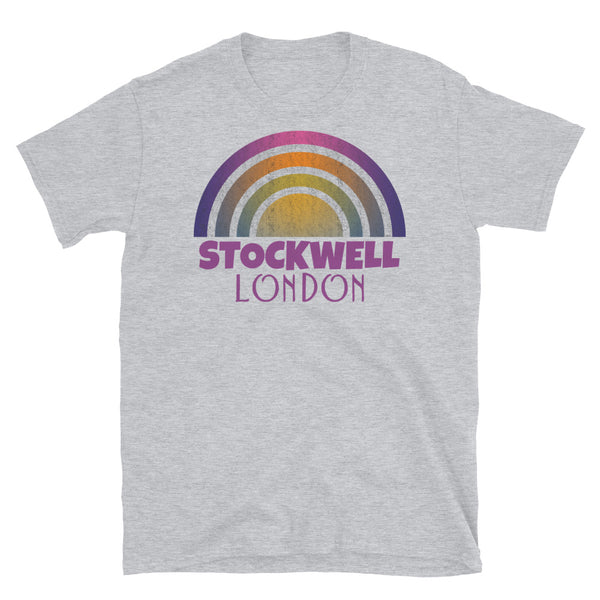Retrowave and Vaporwave 80s style graphic vintage sunset design tee depicting the London neighbourhood of Stockwell on this light grey cotton t-shirt