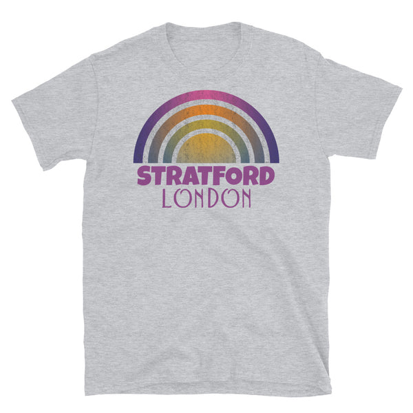 Retrowave and Vaporwave 80s style graphic vintage sunset design tee depicting the London neighbourhood of Stratford on this light grey cotton t-shirt