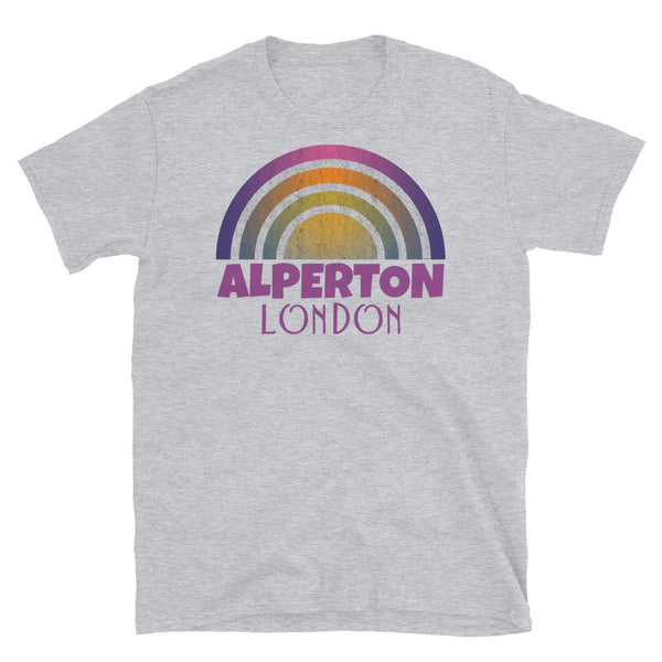 Retrowave and Vaporwave 80s style graphic vintage sunset design tee depicting the London neighbourhood of Alperton on this light grey cotton t-shirt