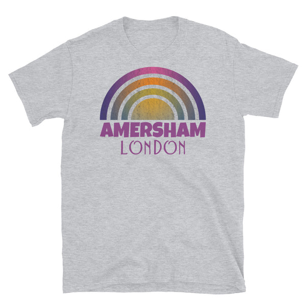 Retrowave and Vaporwave 80s style graphic vintage sunset design tee depicting the London neighbourhood of Amersham on this light grey cotton t-shirt