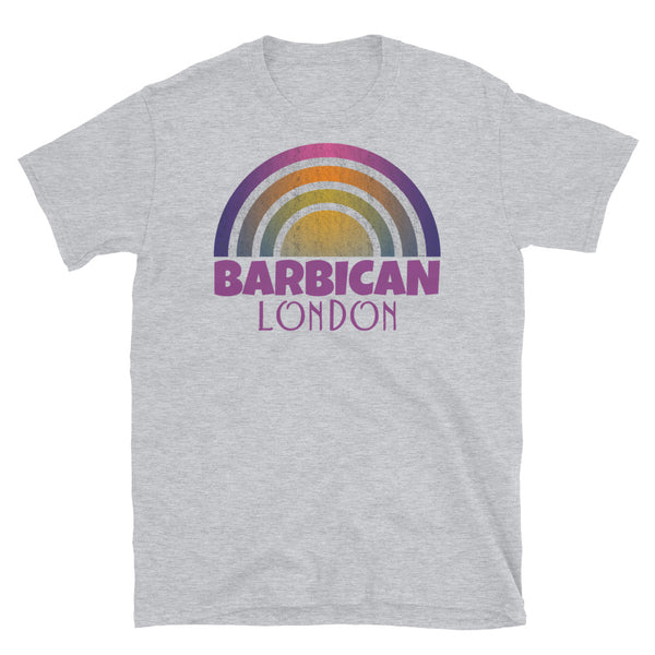 Retrowave and Vaporwave 80s style graphic vintage sunset design tee depicting the London neighbourhood of Barbican on this light grey cotton t-shirt