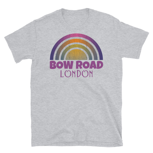 Retrowave and Vaporwave 80s style graphic vintage sunset design tee depicting the London neighbourhood of Bow Road on this light grey cotton t-shirt