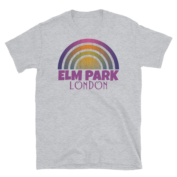 Retrowave and Vaporwave 80s style graphic vintage sunset design tee depicting the London neighbourhood of Elm Park on this light grey souvenir cotton t-shirt