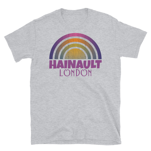 Retrowave and Vaporwave 80s style graphic vintage sunset design tee depicting the London neighbourhood of Hainault on this light grey souvenir cotton t-shirt