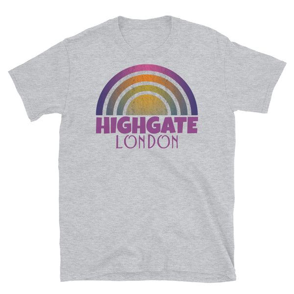 Retrowave and Vaporwave 80s style graphic vintage sunset design tee depicting the London neighbourhood of Highgate on this light grey souvenir cotton t-shirt