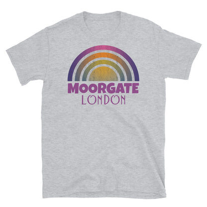 Retrowave and Vaporwave 80s style graphic vintage sunset design tee depicting the London neighbourhood of Moorgate on this light grey souvenir cotton t-shirt