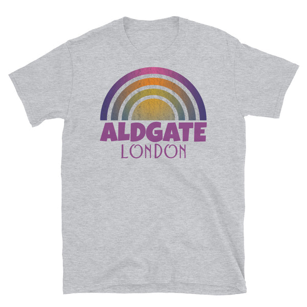 Retrowave and Vaporwave 80s style graphic gritty vintage sunset design tee depicting the London neighbourhood of Aldgate on this light grey souvenir cotton t-shirt