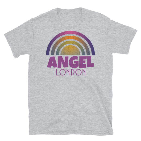 Retrowave and Vaporwave 80s style graphic gritty vintage sunset design tee depicting the London neighbourhood of Angel on this light grey souvenir cotton t-shirt