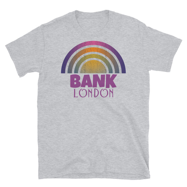 Retrowave and Vaporwave 80s style graphic gritty vintage sunset design tee depicting the London neighbourhood of Bank on this light grey souvenir cotton t-shirt