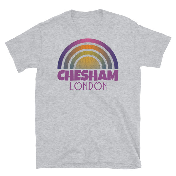 Retrowave and Vaporwave 80s style graphic gritty vintage sunset design tee depicting the London neighbourhood of Chesham on this light grey souvenir cotton t-shirt