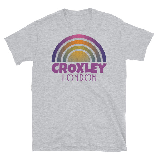 Retrowave and Vaporwave 80s style graphic gritty vintage sunset design tee depicting the London neighbourhood of Croxley on this light grey souvenir cotton t-shirt