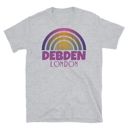 Retrowave and Vaporwave 80s style graphic gritty vintage sunset design tee depicting the London neighbourhood of Debden on this light grey souvenir cotton t-shirt