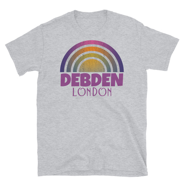 Retrowave and Vaporwave 80s style graphic gritty vintage sunset design tee depicting the London neighbourhood of Debden on this light grey souvenir cotton t-shirt
