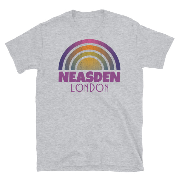 Retrowave and Vaporwave 80s style graphic gritty vintage sunset design tee depicting the London neighbourhood of Neasden on this light grey souvenir cotton t-shirt