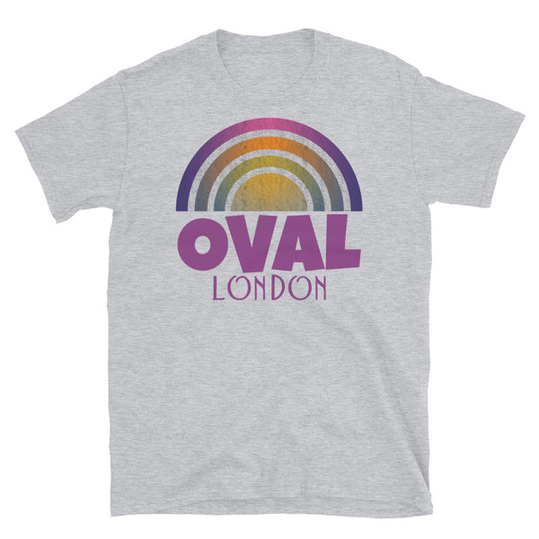 Retrowave and Vaporwave 80s style graphic gritty vintage sunset design tee depicting the London neighbourhood of Oval on this light grey souvenir cotton t-shirt