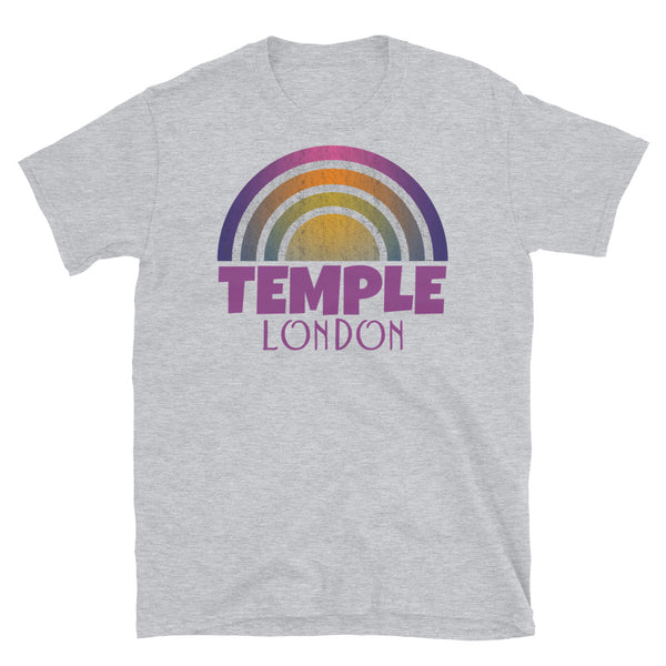 Retrowave and Vaporwave 80s style graphic gritty vintage sunset design tee depicting the London neighbourhood of Temple on this light grey souvenir cotton t-shirt