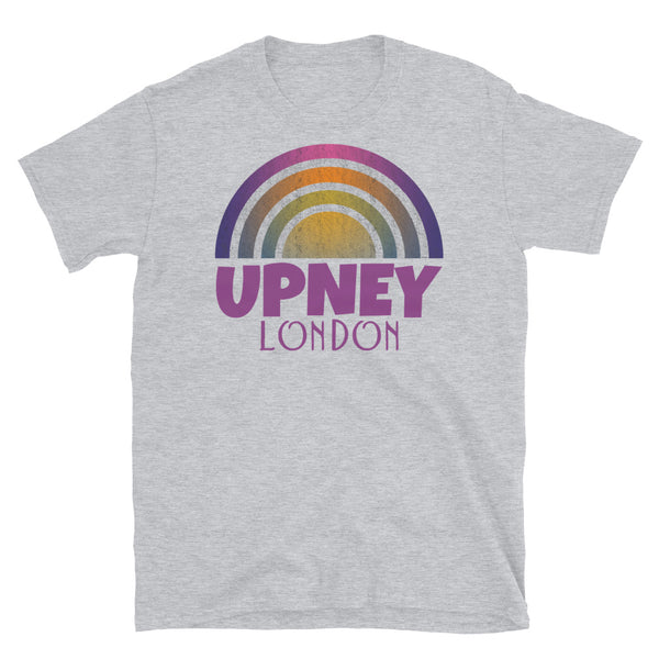 Retrowave and Vaporwave 80s style graphic gritty vintage sunset design tee depicting the London neighbourhood of Upney on this light grey souvenir cotton t-shirt
