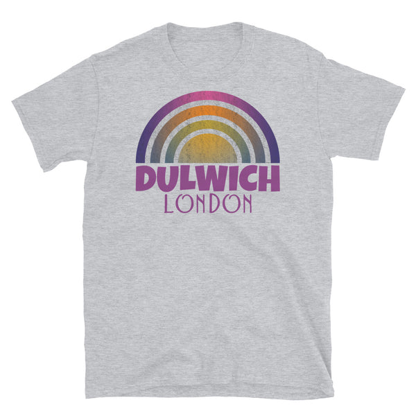 Retrowave and Vaporwave 80s style graphic gritty vintage sunset design tee depicting the London neighbourhood of Dulwich on this light grey souvenir cotton t-shirt